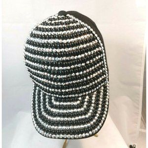 Embellished Jeweled Baseball Hat Cap Black/Silver stripes adjustable strapback